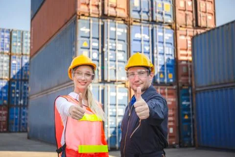 Success Teamwork Concept, engineer and worker team smiling with giving thumbs up Фото