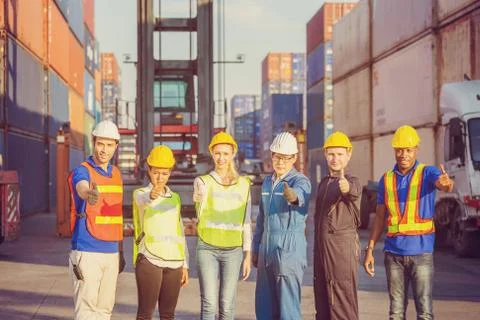 Success Teamwork Concept, engineer and worker team smiling with giving thumbs up Фото