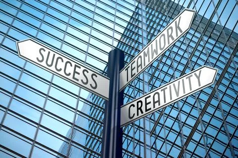 Success, teamwork, creativity - signpost with three arrows, office building.. Stock Photos