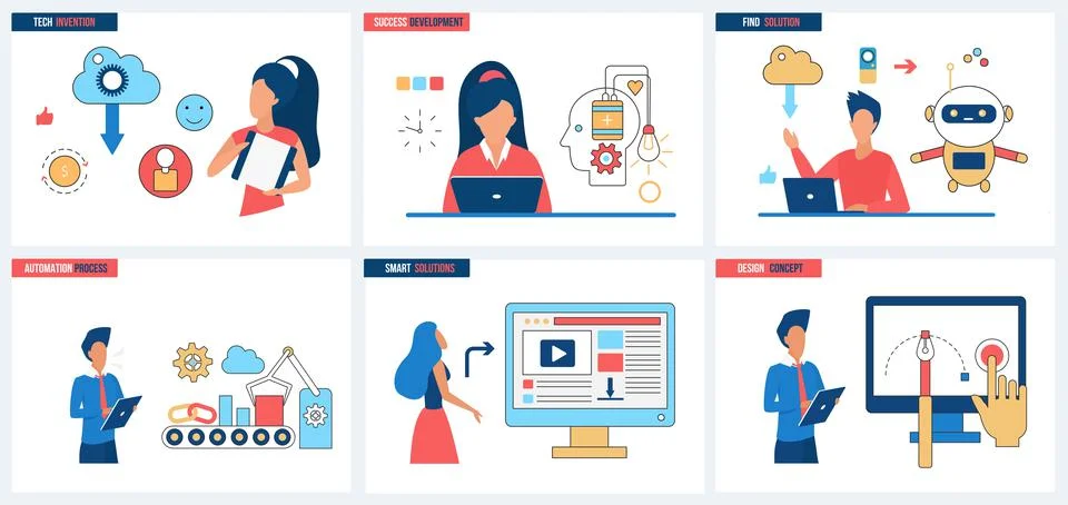 Success of tech solutions, development and design of smart devices, invention Stock Illustration