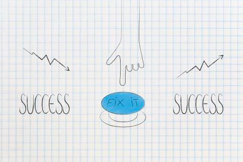 Success text with hand pushing button to fix stats from bad to great Stock Illustration