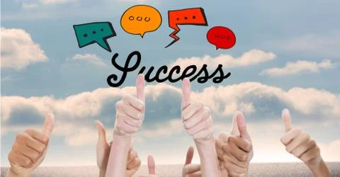 Success text with speech bubbles over thumbs up gestures Stock Photos