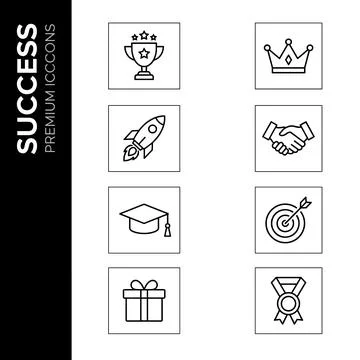 Success theme line icon set featuring trophy, crown, rocket, handshake, gra.. Stock Illustration