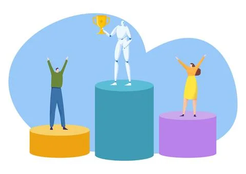 Success trophy for winner robot, vector illustration, flat people man woman Ilustración de archivo