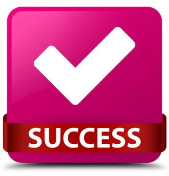 Success (validate icon) pink square button red ribbon in middle Stock Illustration