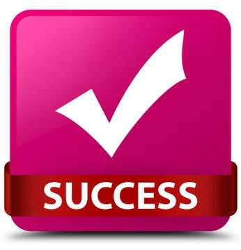 Success (validate icon) pink square button red ribbon in middle Stock Illustration