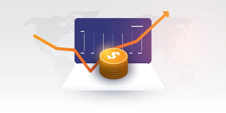 Success - Vector Illustration of Stack of Dollar Coins, Diagram on a Laptop.. Illustrazione stock