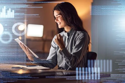 Success, woman or tablet coding overlay in night office of data analytics, chart 스톡 사진