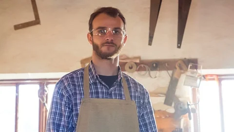 Successful beautiful carpenter looking at the camera on the background of the Stock Footage 85529006