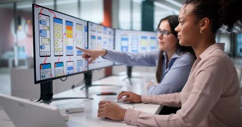 Successful Black Female Developer Designing Mobile App User Interface Stock Photos