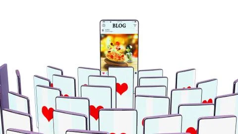 Successful blog concept full screen phones of viewers with likes look at the Stock Illustration