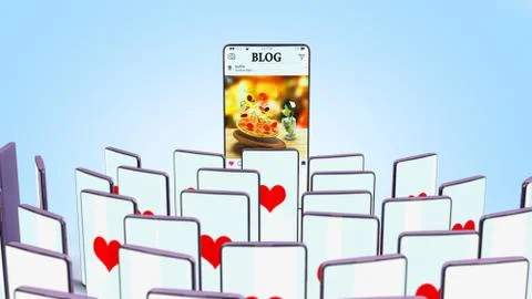 Successful blog concept full screen phones of viewers with likes look at the Stock Illustration