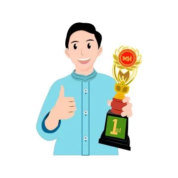 Successful boy holding a trophy and showing thumbs up. Stock Illustration