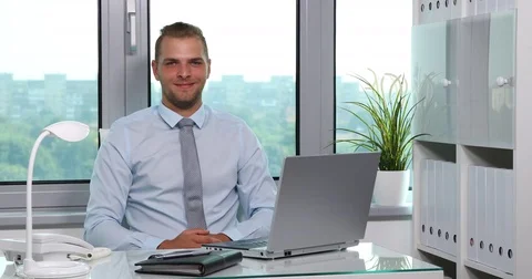 Successful Business Man Looking Camera Presentation Smiling Portrait Office Desk Stock Footage 73561583