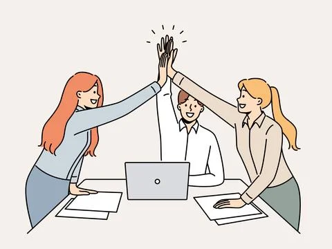 Successful business team rejoicing at completion of project, standing near desk Stock Illustration