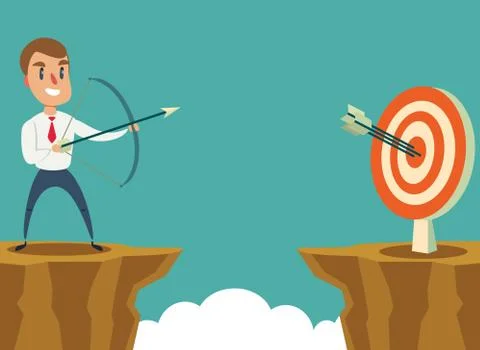Successful businessman aiming target with bow and arrow Stock Illustration