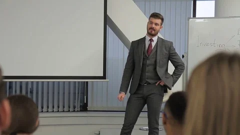 The successful businessman answer the question on the business conference. Stock Footage 85374053