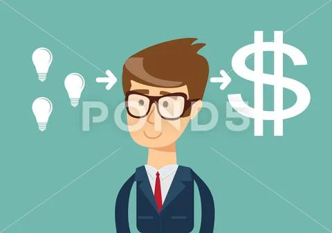 Successful Businessman with idea bulb get a lot of money. Business creativity Stock Illustration