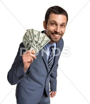 Successful businessman showing money - isolated over a white background Stock Photos