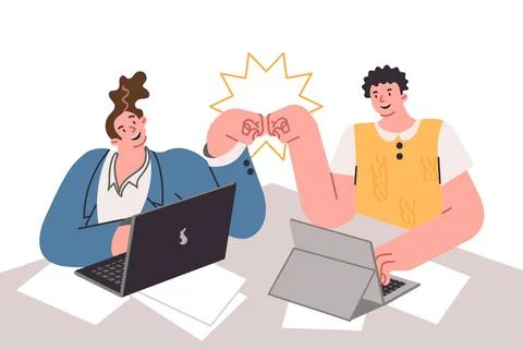 Successful collaboration of men students working sitting at desk, punching after Stock Illustration