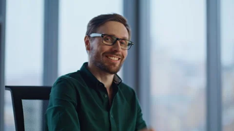 Successful executive pointing finger to camera at corporate workplace closeup. Stock Footage 340524084