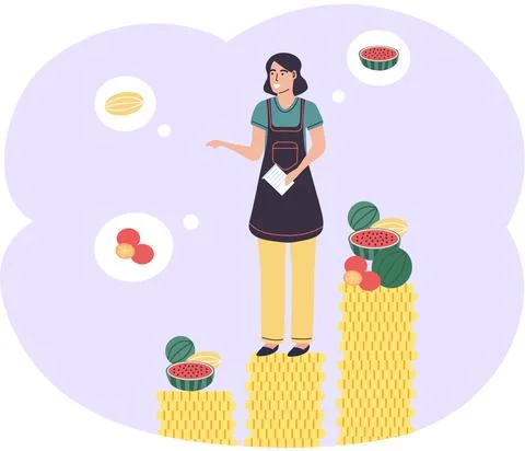 Successful farmer stands on coin stack surrounded by vegetables. Agricultural Stock Illustration
