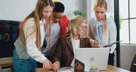 Successful female manager analyze paperwork, signing contracts during talk work Stock Footage 166732273