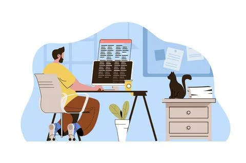 Successful freelancer concept. Man working on computer on project situation Illustrazione stock