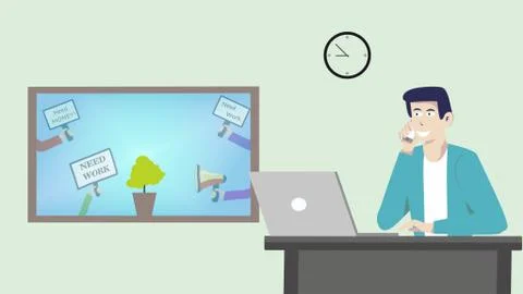 Successful freelancer working at desktop computer from home and speaking on Illustrazione stock