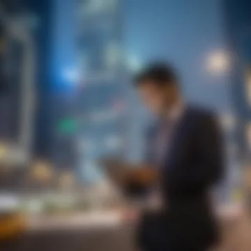 Successful Indian Executive Using Tablet at Night with City Lights Backgroun Stock Photos