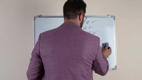 Successful man explaining business strategy on a white board in a modern studio Stock Footage 323174964