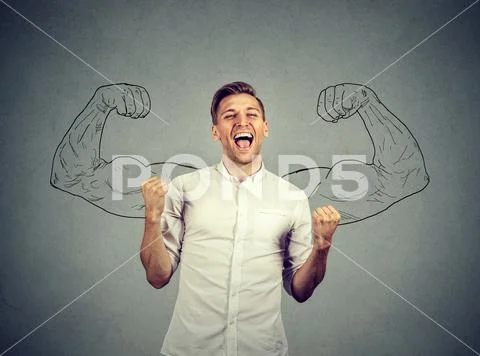 Successful man winning fists pumped celebrating success flexing muscles Stock Photos