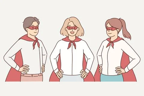 Successful managers dressed as superheroes do teamwork saving businesses from Illustrazione stock