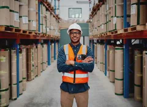Successful manufacturing unit worker standing in warehouse distribution centre Stock Photos