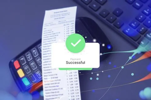 Successful payment confirmation message on digital screen with POS terminal,  Stock Photos
