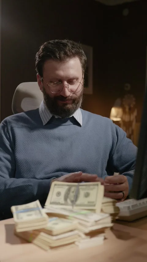 Successful remote worker counts money at his home office desk and places it in Video stock 337644842