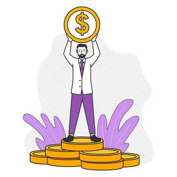 A successful rich businessman stands on a stack of dolar coins. Stock Illustration
