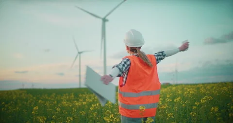 Successful Smiling Positive Engineer Working At Wind Farm Construction Stock Footage 241421411
