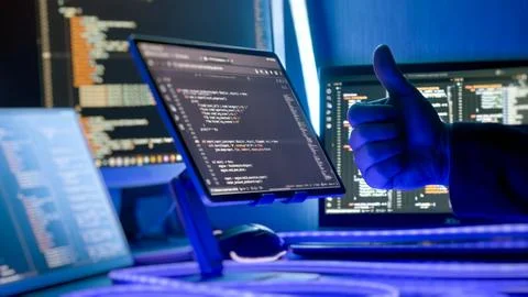 Successful Software Development Concept with Programmer Approval Gesture, Cod Stock Photos