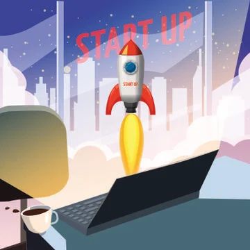 Successful start up, Rocket launch, offise, computer, table, ship, vector 스톡 일러스트