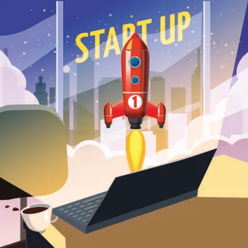 Successful start up, Rocket launch, offise, computer, table, ship, vector イラスト素材