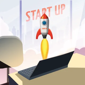 Successful start up, Rocket launch, offise, computer, table, ship, vector イラスト素材