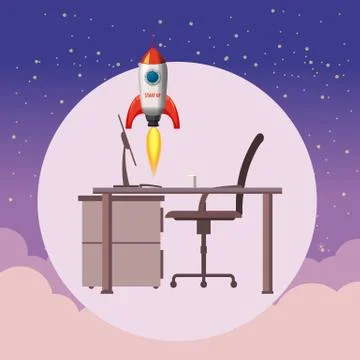 Successful start up, Rocket launch, offise, ship, vector, illustration concept Stock Illustration