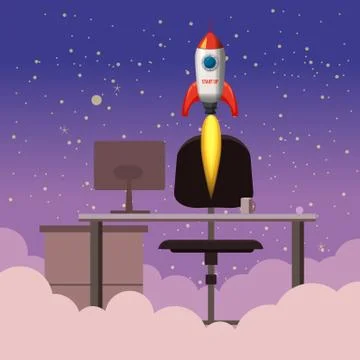 Successful start up, Rocket launch, offise, night, ship, vector, illustration Stock Illustration