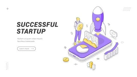Successful Startup banner template. An isometric vector illustration shows a  Stock Illustration