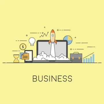 Successful startup business concept. Vector illustration with rocket launch and Stock Illustration