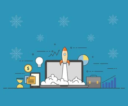 Successful startup business concept. Vector illustration with rocket launch and Stock Illustration