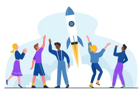 Successful startup, launching project vector illustration, cartoon flat happy Illustration