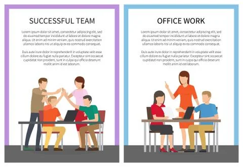 Successful Team Office Work Set of Posters Workers Illustrazione stock
