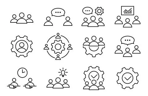 Successful teamwork process line icon set in flat Stock Illustration